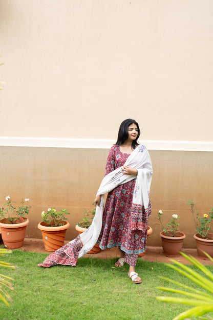 Studio Deep Red Handblock Printed Anarkali Set
