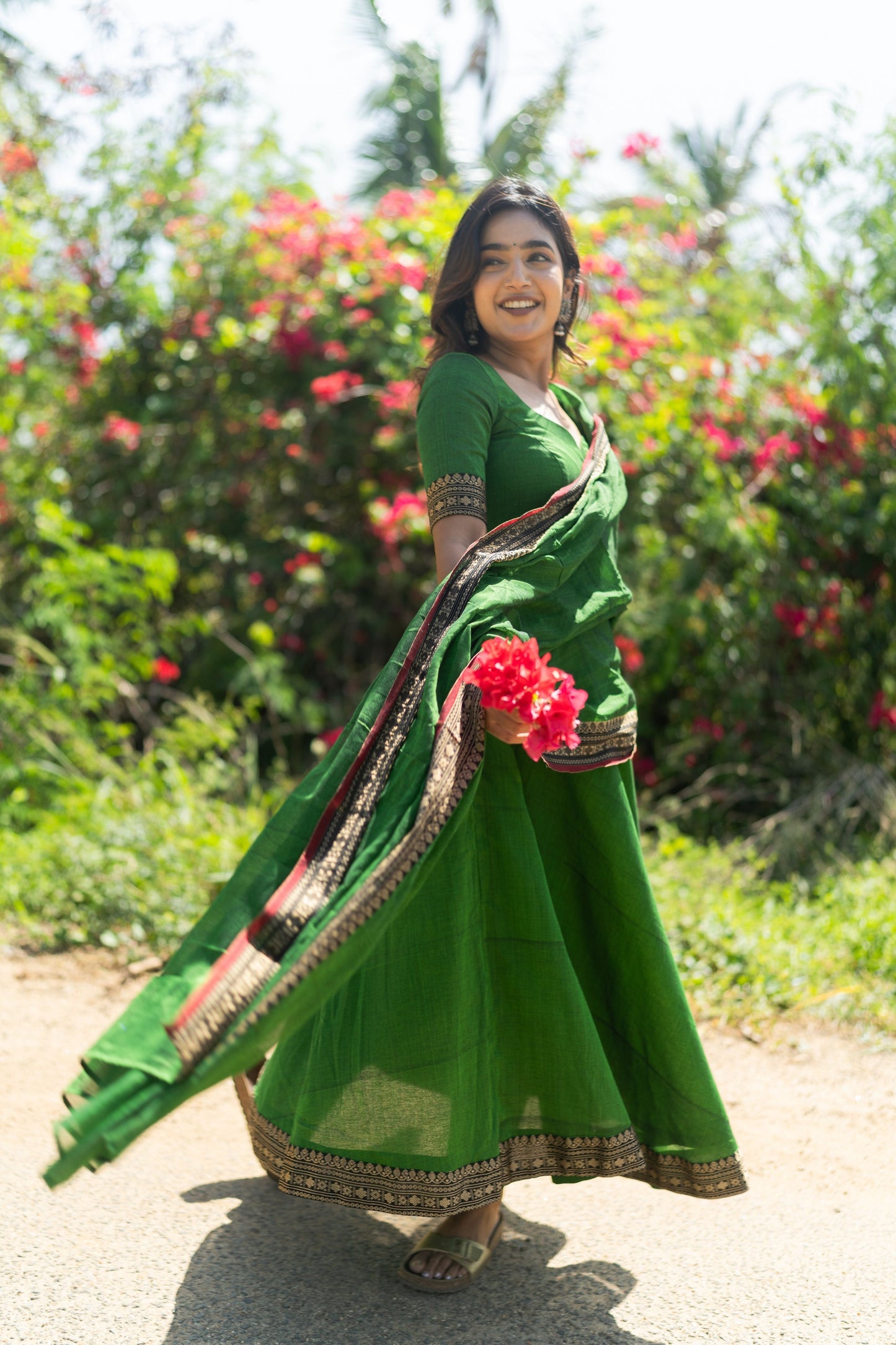Studio  Forest Green Malar Narayanpet Anarkali Top & Dupatta