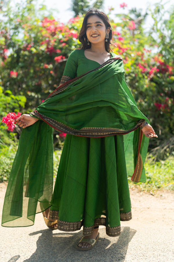 Studio  Forest Green Malar Narayanpet Anarkali Top & Dupatta