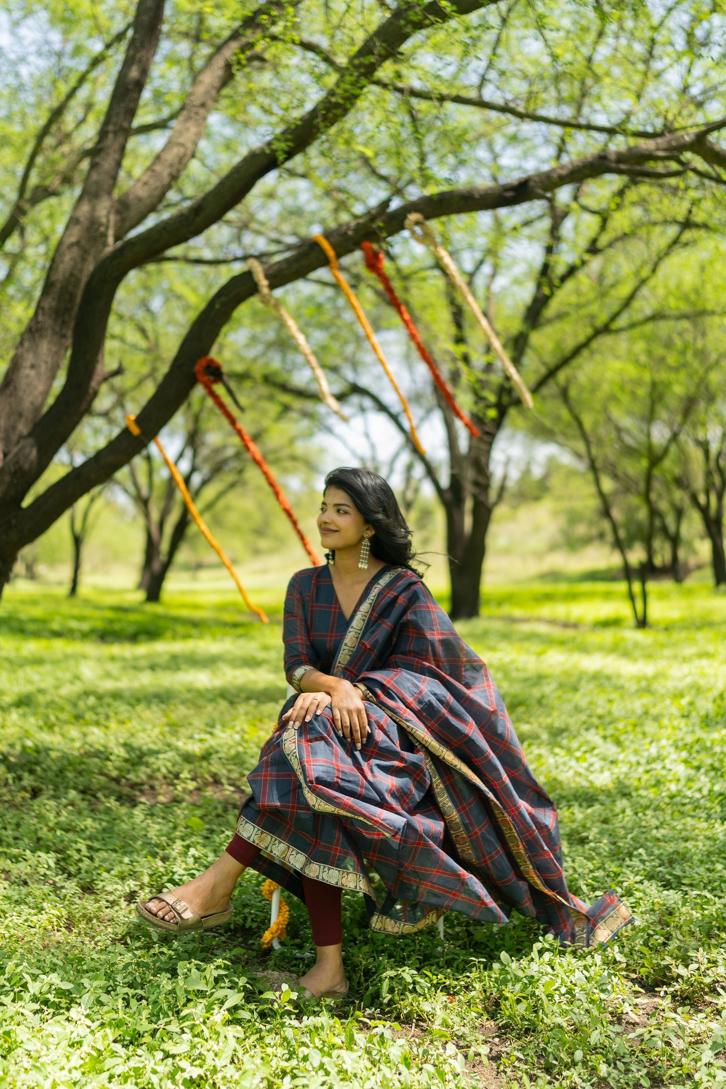 Studio  Blue Madras Checks Kanchi Cotton Top & Dupatta