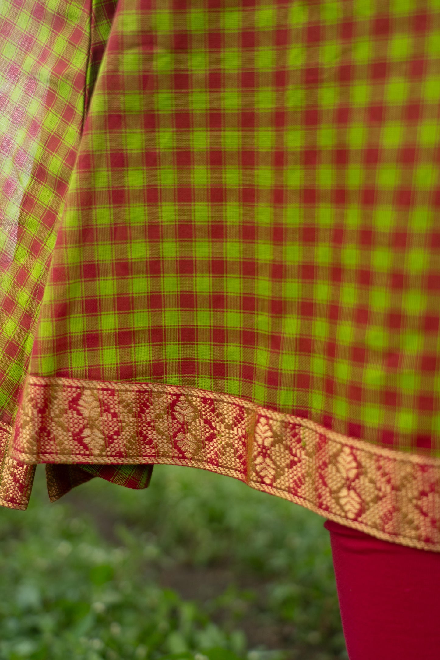 Studio  Green Color Madras Checks Kanchi Cotton Top & Dupatta