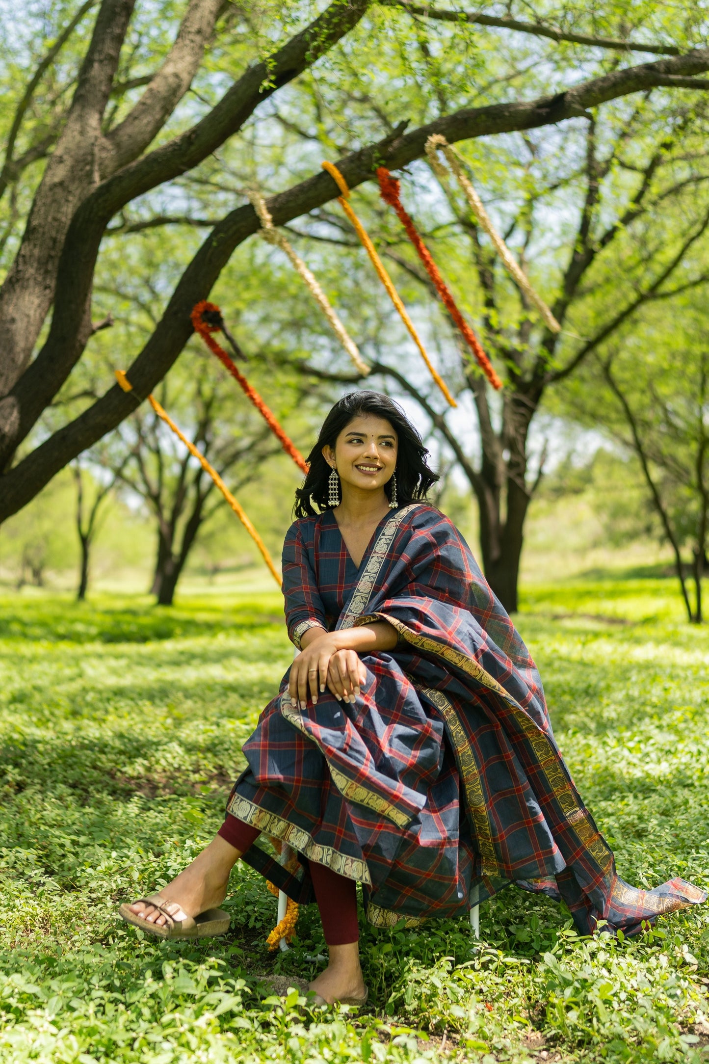 Studio  Blue Madras Checks Kanchi Cotton Top & Dupatta