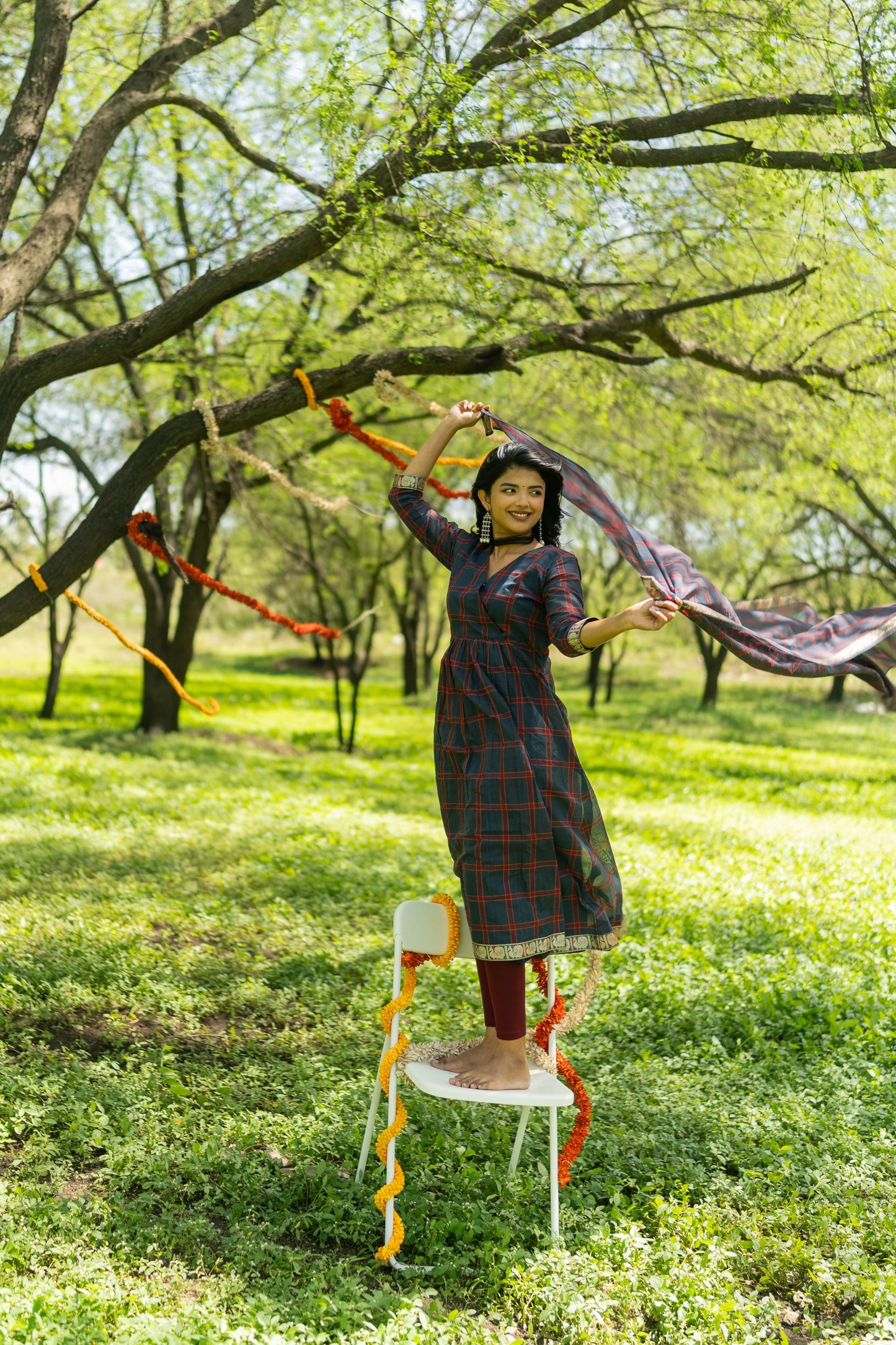 Studio  Blue Madras Checks Kanchi Cotton Top & Dupatta