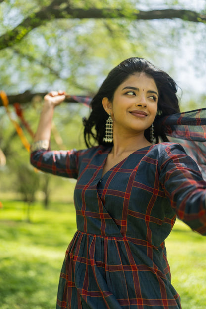 Studio  Blue Madras Checks Kanchi Cotton Top & Dupatta