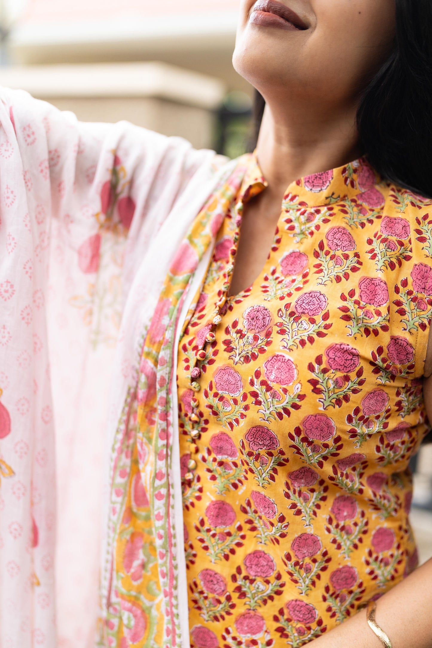 Yellow Handblock Printed 3 Pcs Suit Se- Sleeve Length Can be Changed