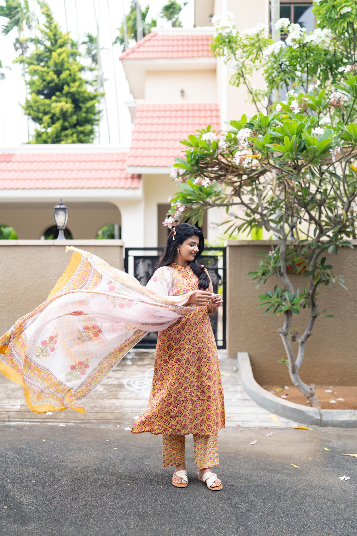 Yellow Handblock Printed 3 Pcs Suit Se- Sleeve Length Can be Changed