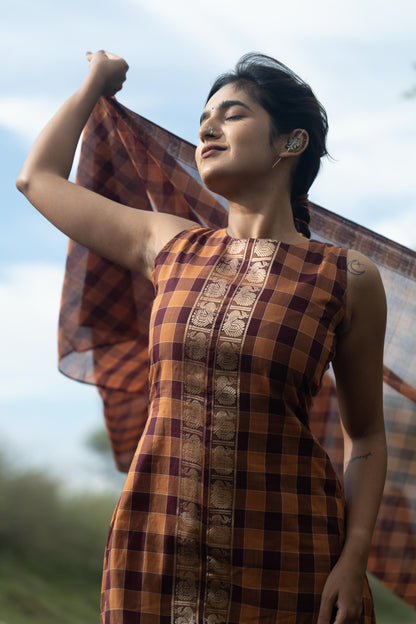 Studio  Brown With Wine Madras Checks Top & Dupatta