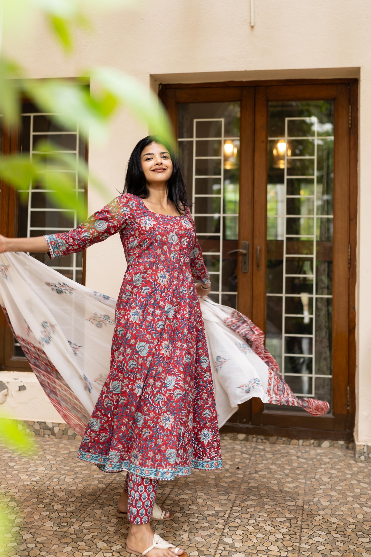 Studio Deep Red Handblock Printed Anarkali Set