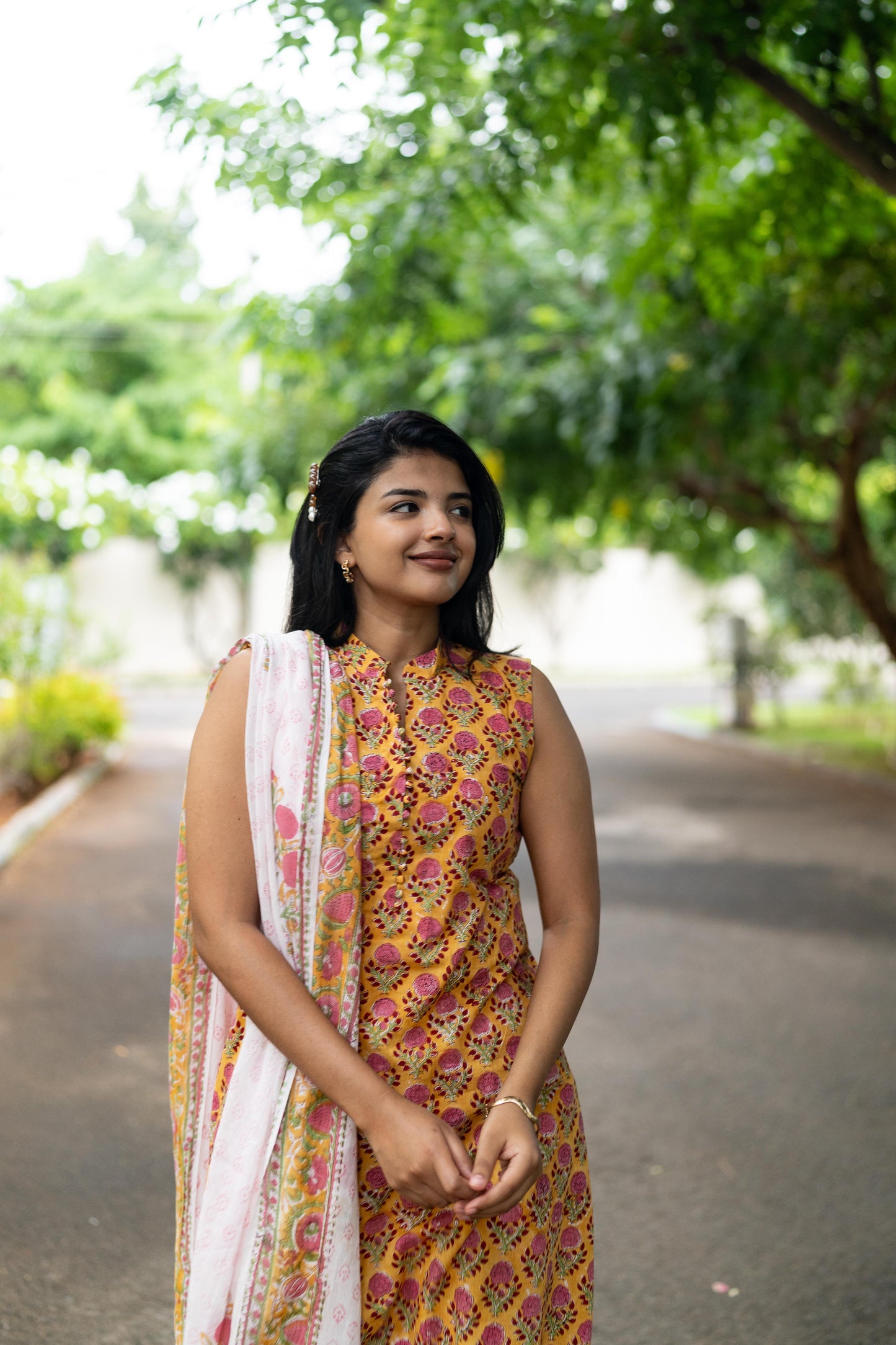 Yellow Handblock Printed 3 Pcs Suit Se- Sleeve Length Can be Changed
