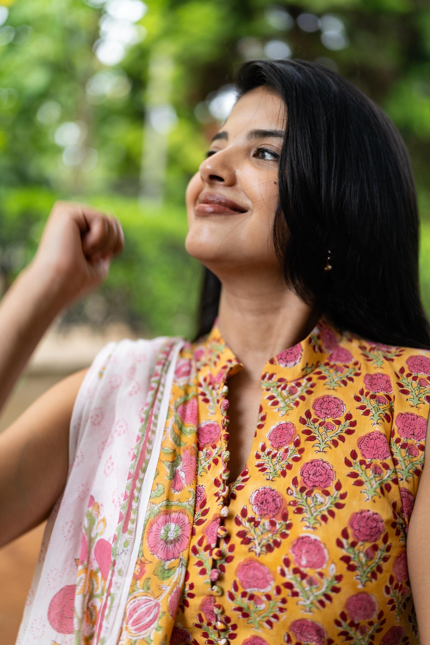 Yellow Handblock Printed 3 Pcs Suit Se- Sleeve Length Can be Changed