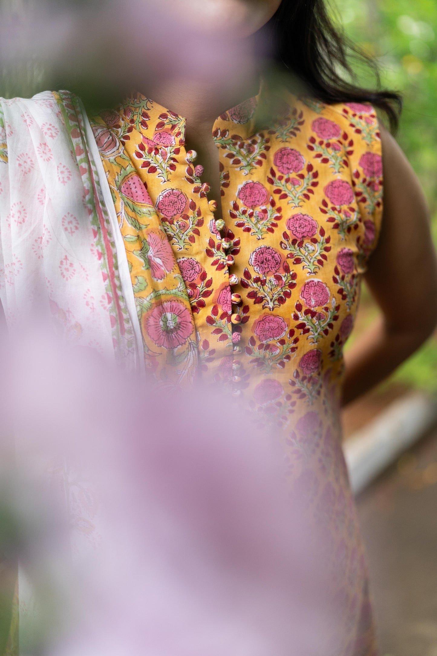 Yellow Handblock Printed 3 Pcs Suit Se- Sleeve Length Can be Changed