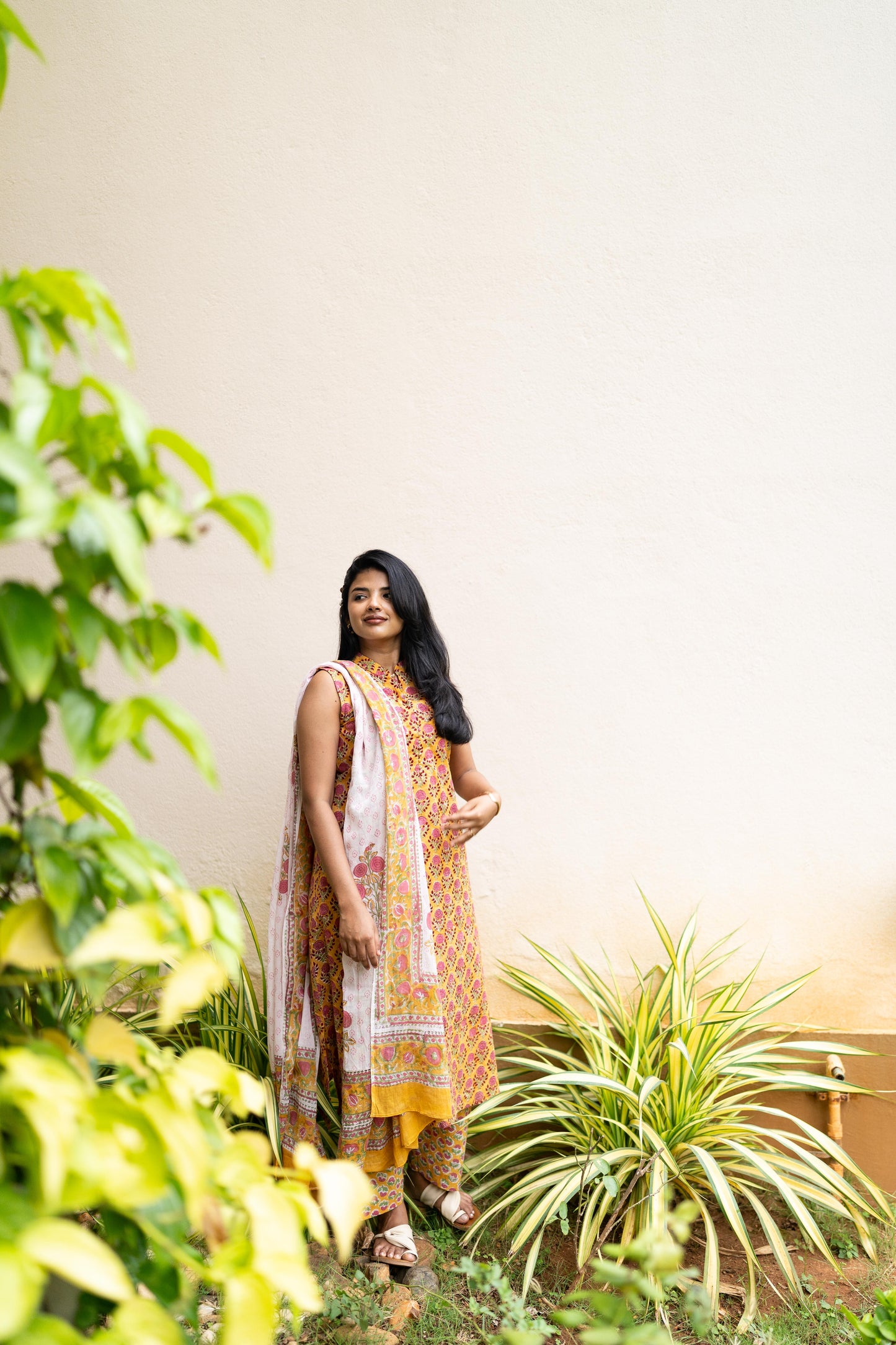 Yellow Handblock Printed 3 Pcs Suit Se- Sleeve Length Can be Changed