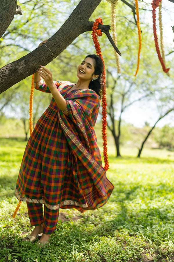 Studio  Multi Color Madras Checks Kanchi Cotton Top & Dupatta