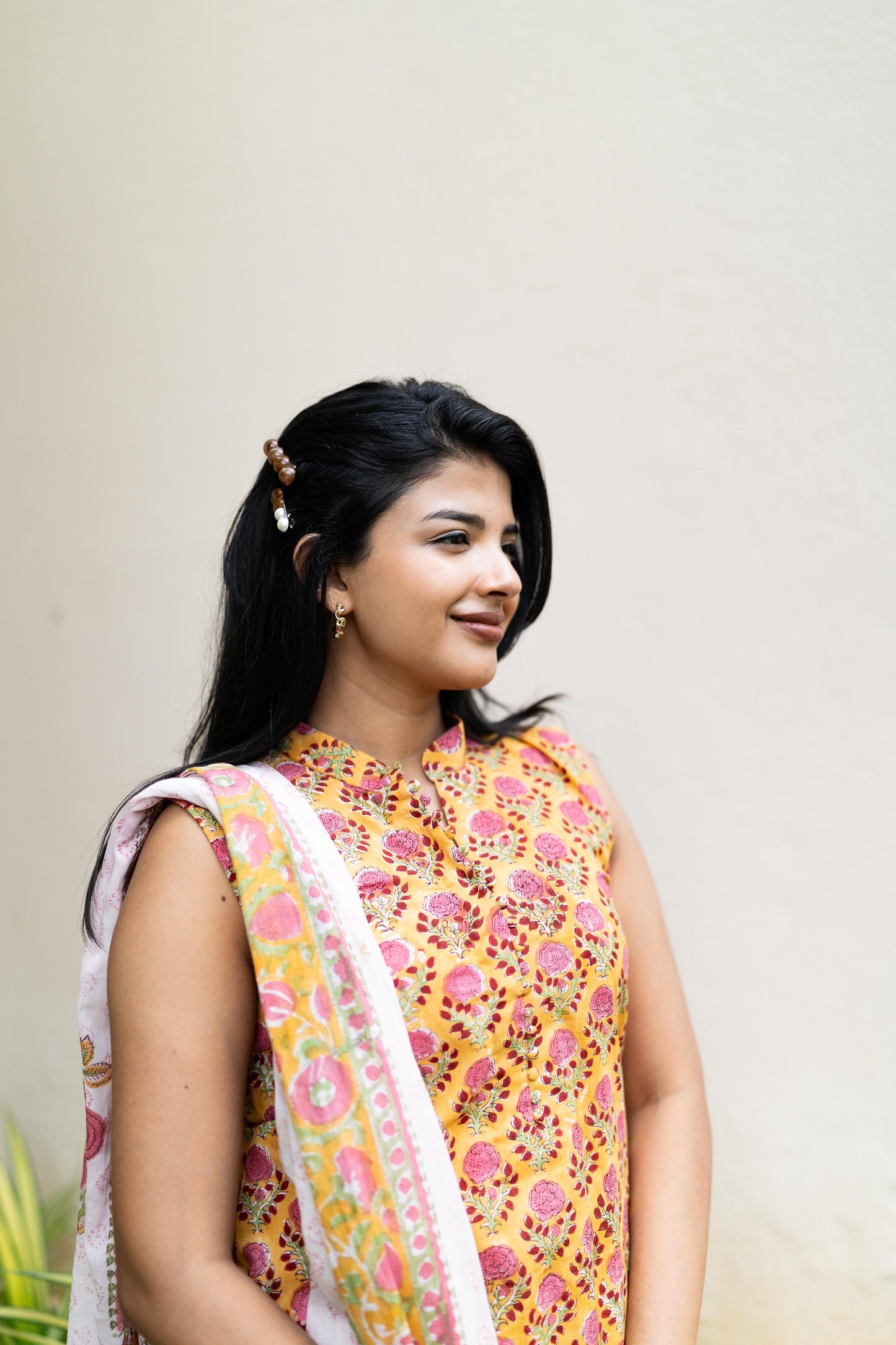 Yellow Handblock Printed 3 Pcs Suit Se- Sleeve Length Can be Changed