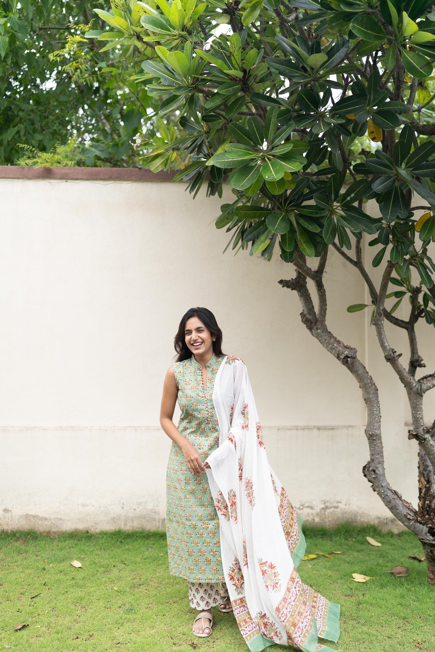 Mint Green Handblock Printed 3Pcs Suit Set - Sleeve Length Can be Changed