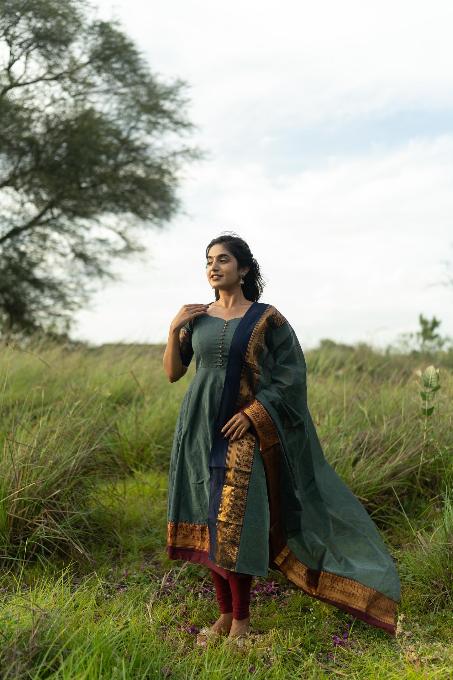 Studio  Blue With Maroon & Blue Border Kanchi Cotton With Potli Balls Top & Dupatta
