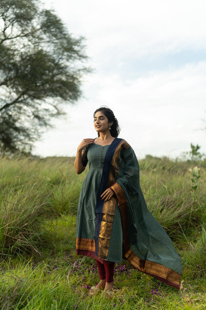 Studio  Blue With Maroon & Blue Border Kanchi Cotton With Potli Balls Top & Dupatta