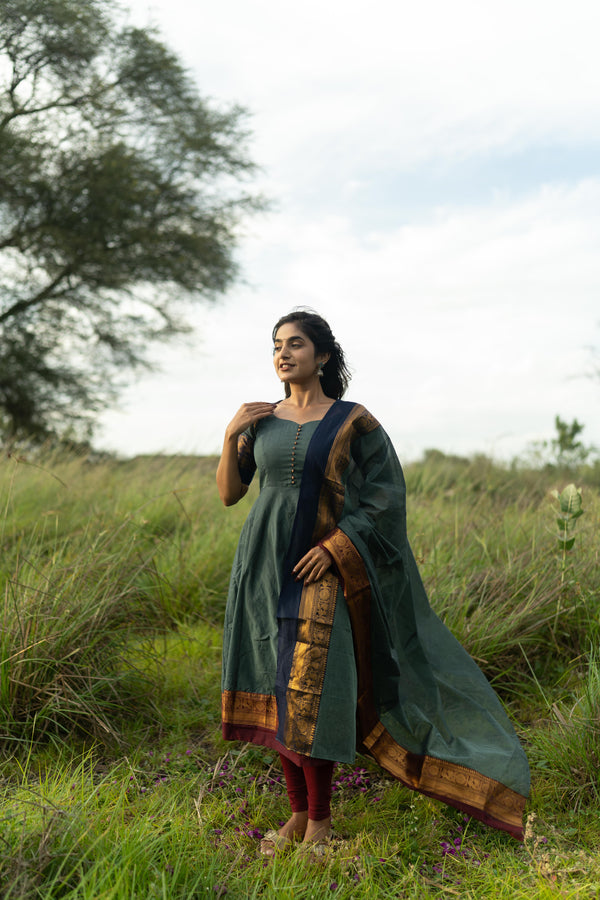 Studio  Blue With Maroon & Blue Border Kanchi Cotton With Potli Balls Top & Dupatta