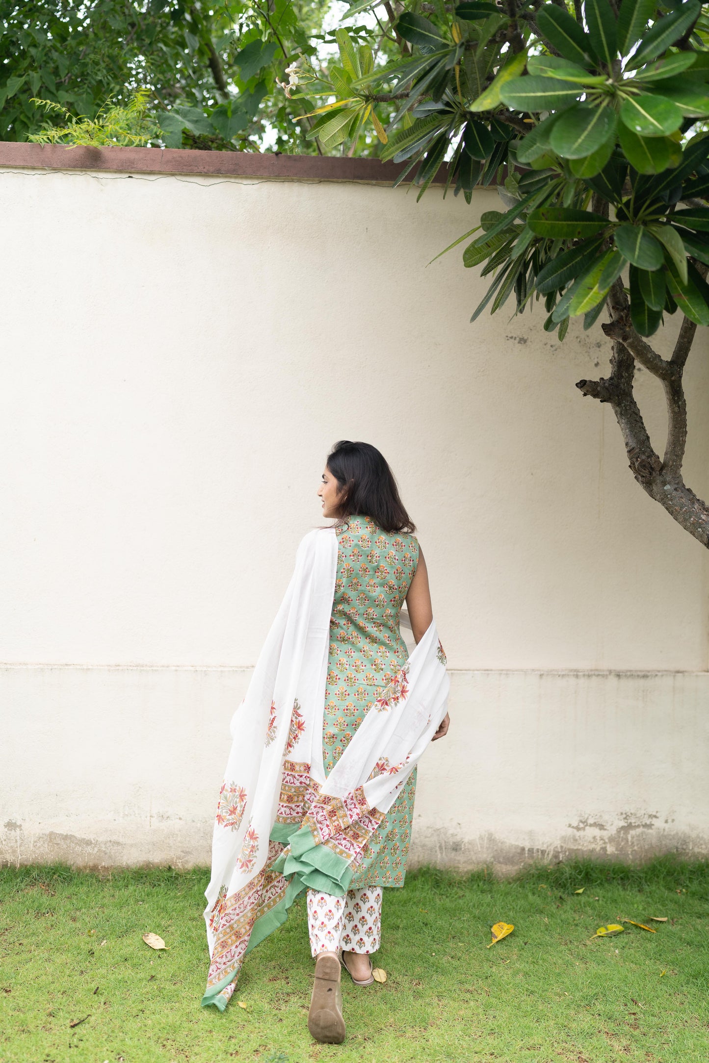 Mint Green Handblock Printed 3Pcs Suit Set - Sleeve Length Can be Changed