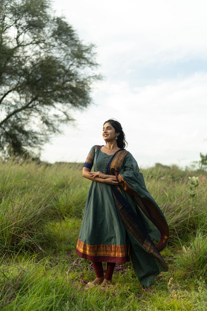 Studio  Blue With Maroon & Blue Border Kanchi Cotton With Potli Balls Top & Dupatta