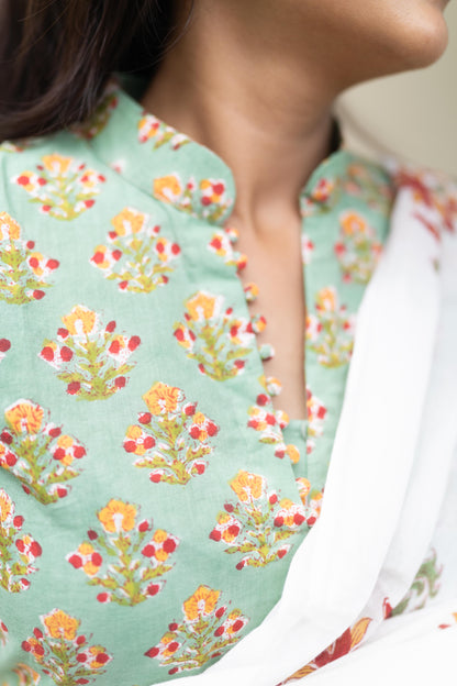 Mint Green Handblock Printed 3Pcs Suit Set - Sleeve Length Can be Changed