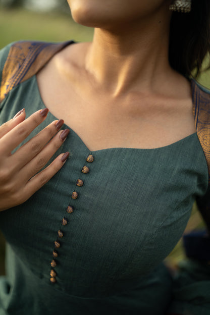 Studio  Blue With Maroon & Blue Border Kanchi Cotton With Potli Balls Top & Dupatta