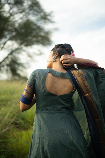 Studio  Blue With Maroon & Blue Border Kanchi Cotton With Potli Balls Top & Dupatta