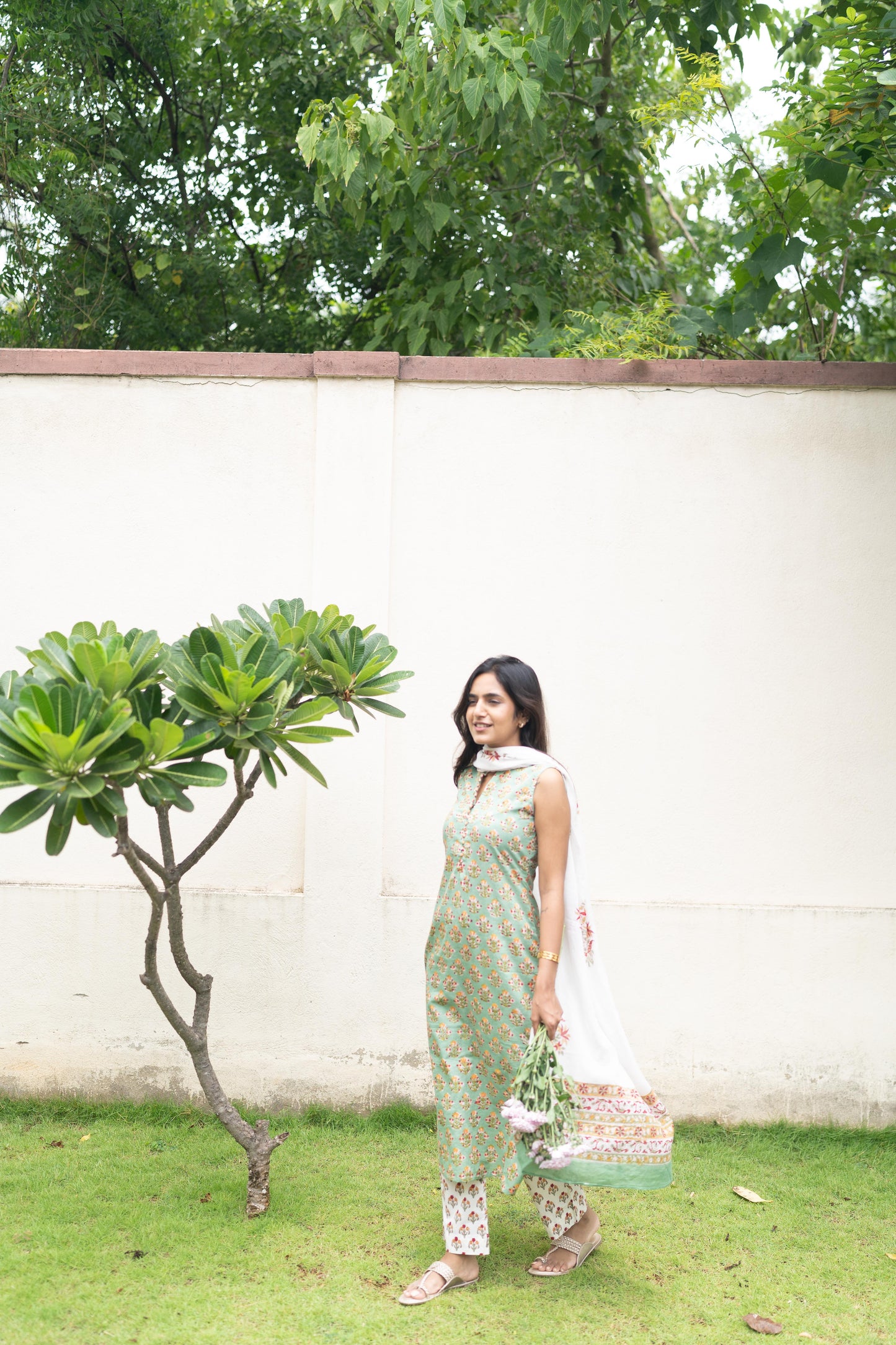Mint Green Handblock Printed 3Pcs Suit Set - Sleeve Length Can be Changed