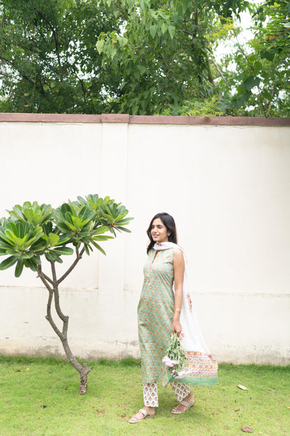 Mint Green Handblock Printed 3Pcs Suit Set - Sleeve Length Can be Changed