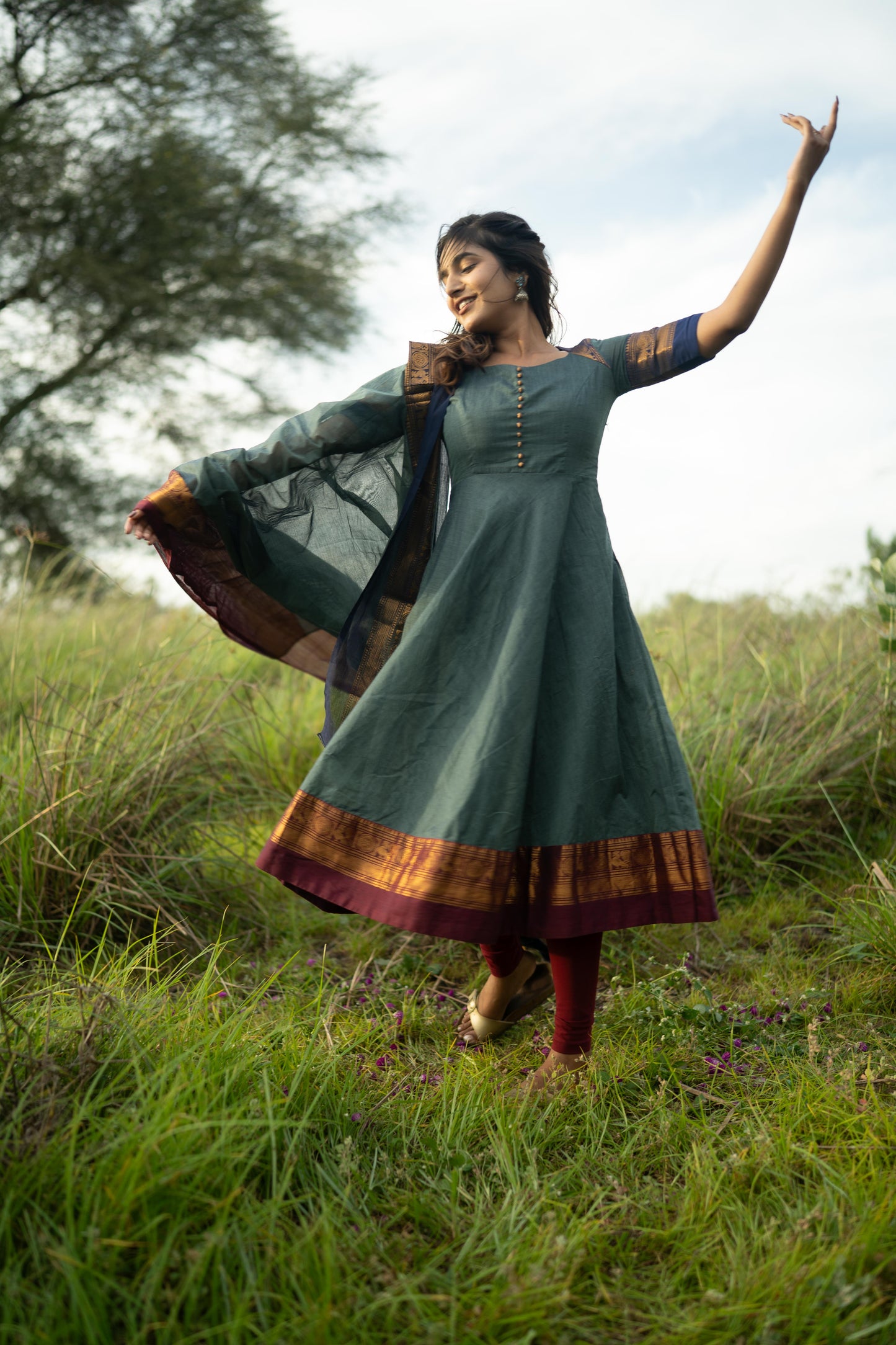 Studio  Blue With Maroon & Blue Border Kanchi Cotton With Potli Balls Top & Dupatta
