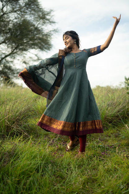 Studio  Blue With Maroon & Blue Border Kanchi Cotton With Potli Balls Top & Dupatta