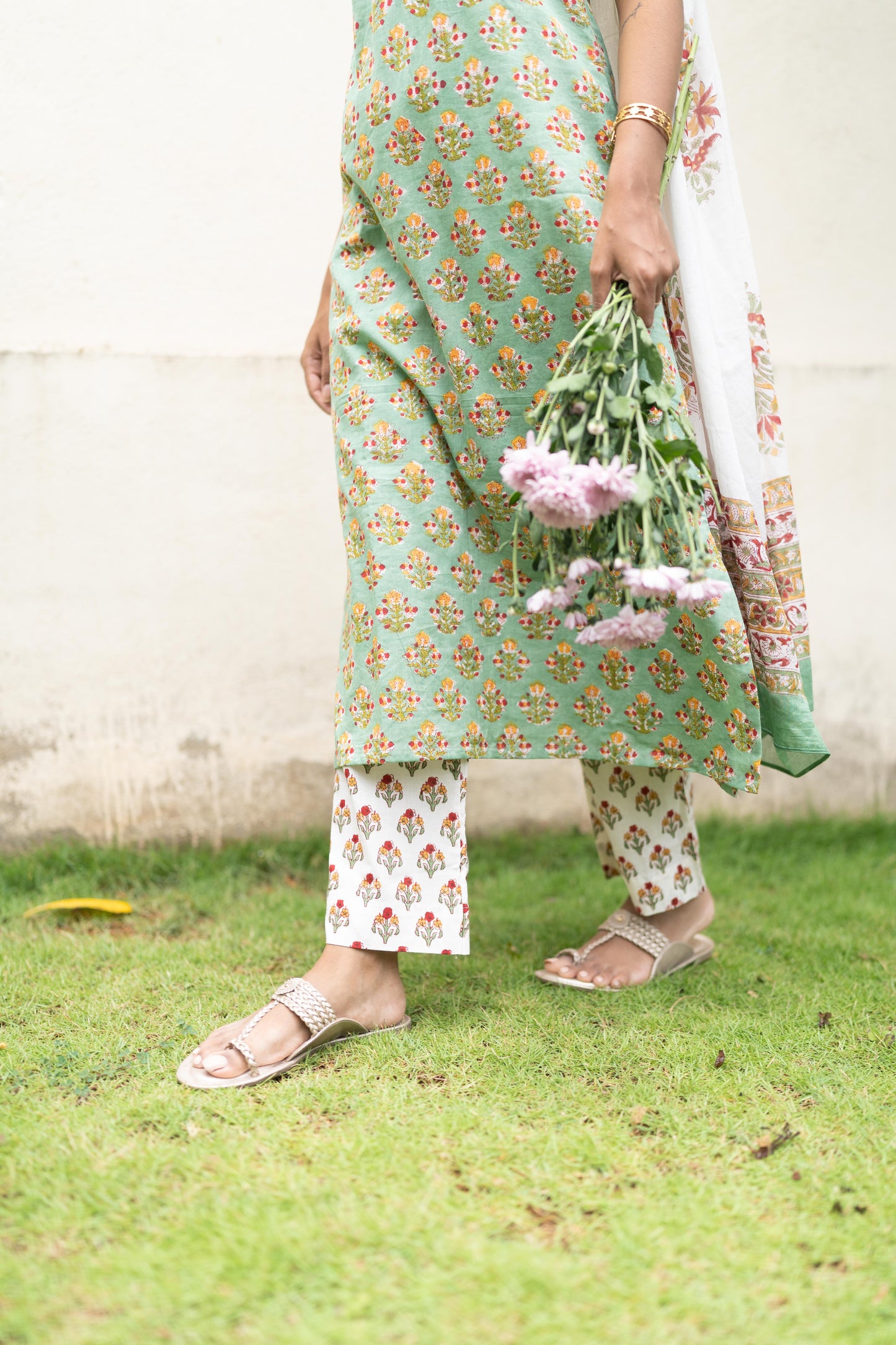 Mint Green Handblock Printed 3Pcs Suit Set - Sleeve Length Can be Changed