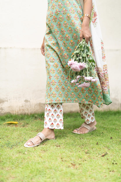 Mint Green Handblock Printed 3Pcs Suit Set - Sleeve Length Can be Changed