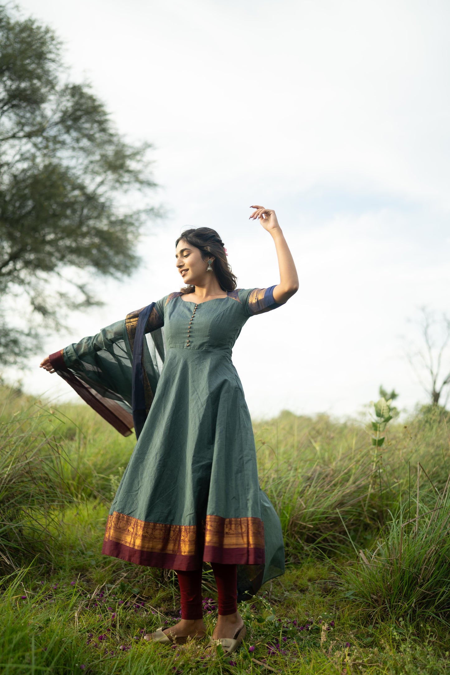 Studio  Blue With Maroon & Blue Border Kanchi Cotton With Potli Balls Top & Dupatta