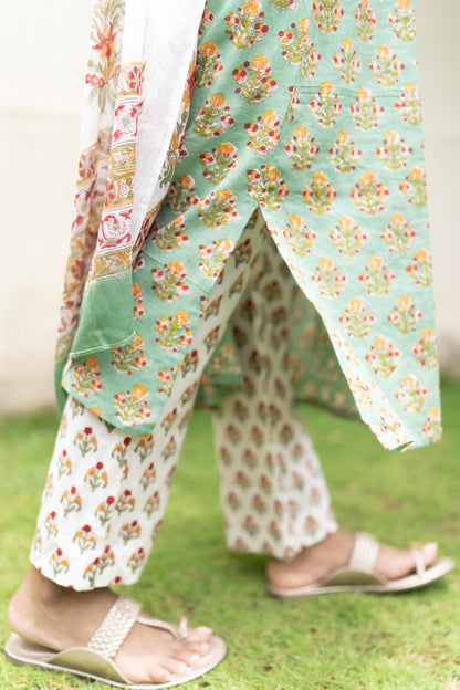 Mint Green Handblock Printed 3Pcs Suit Set - Sleeve Length Can be Changed