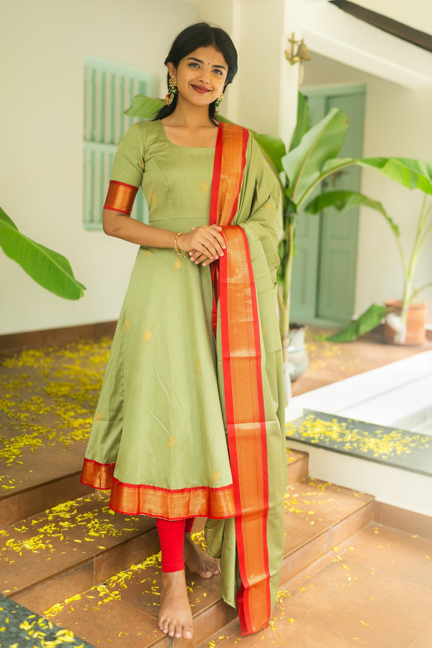 Studio  Pastel Green Silk Cotton Anarkali Top & Dupatta
