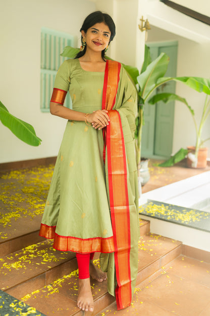 Studio  Pastel Green Silk Cotton Anarkali Top & Dupatta