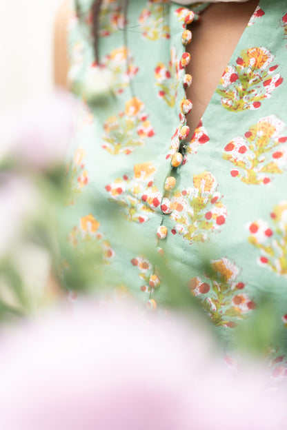 Mint Green Handblock Printed 3Pcs Suit Set - Sleeve Length Can be Changed