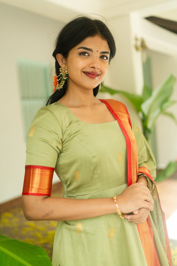 Studio  Pastel Green Silk Cotton Anarkali Top & Dupatta