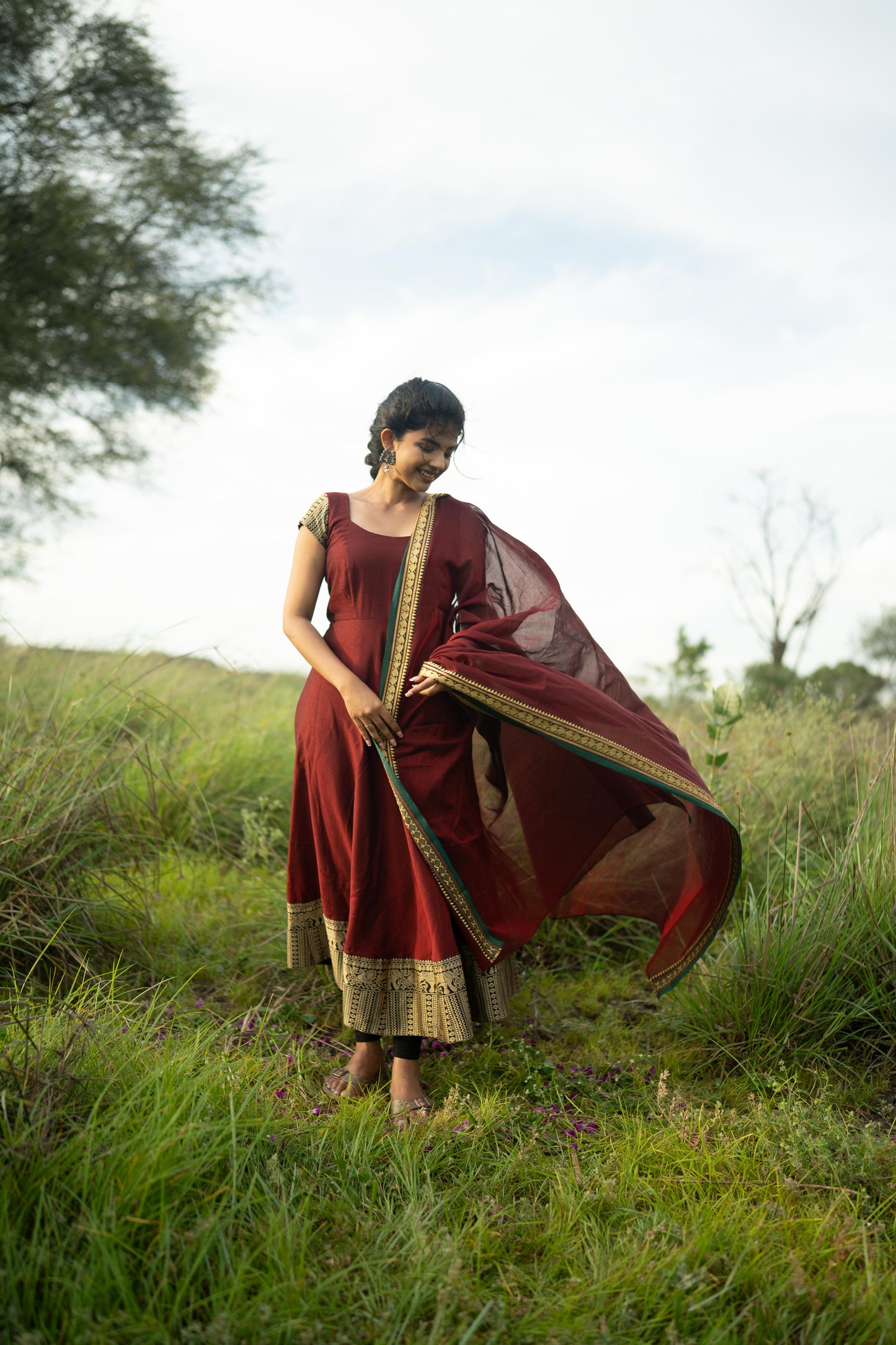 Studio  Red With Green Border Malar Narayanpet Top & Dupatta