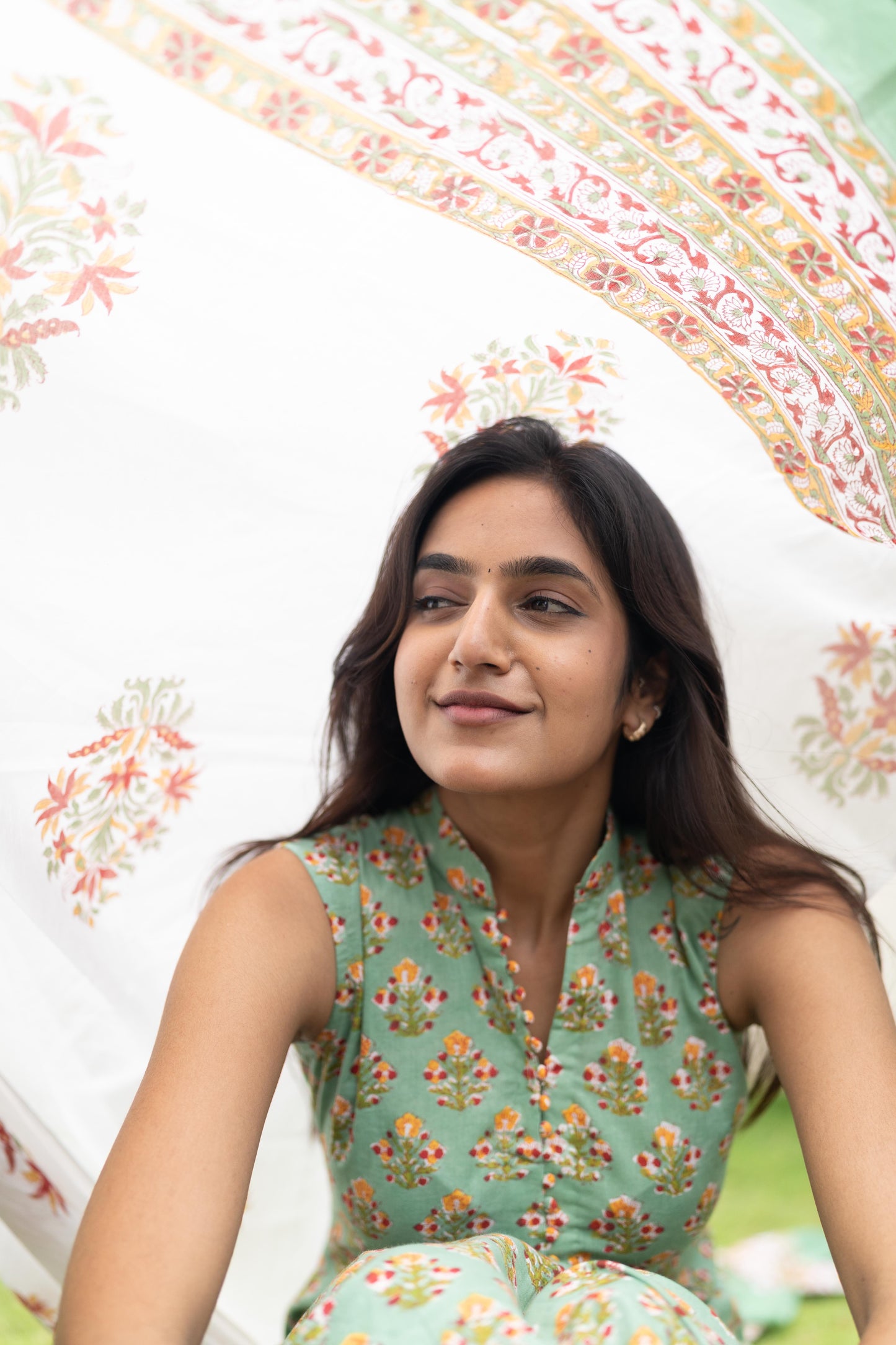 Mint Green Handblock Printed 3Pcs Suit Set - Sleeve Length Can be Changed
