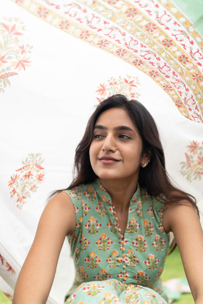 Mint Green Handblock Printed 3Pcs Suit Set - Sleeve Length Can be Changed