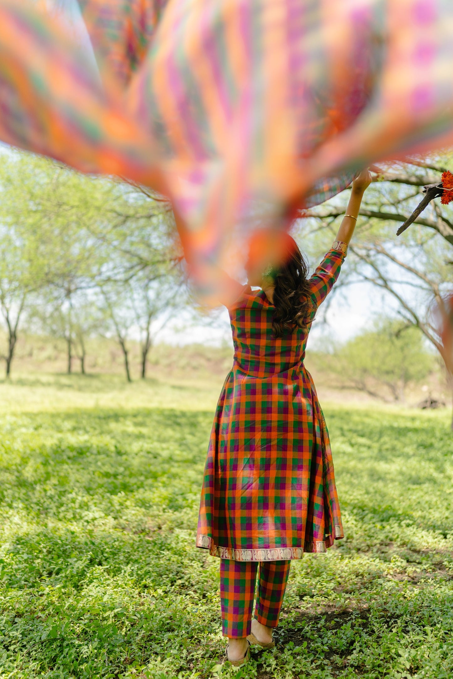 Studio  Multi Color Madras Checks Kanchi Cotton Top & Dupatta