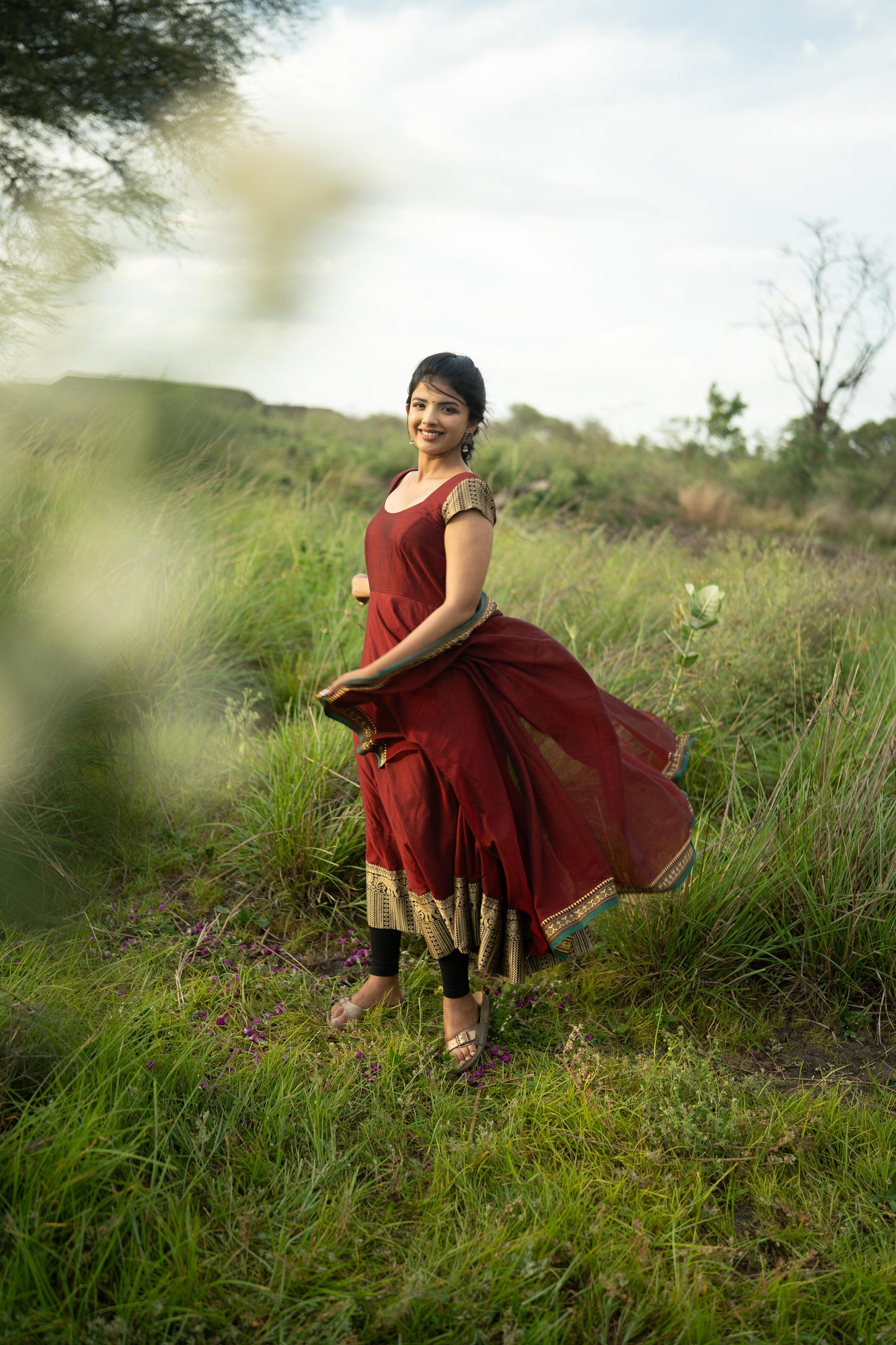 Studio  Red With Green Border Malar Narayanpet Top & Dupatta