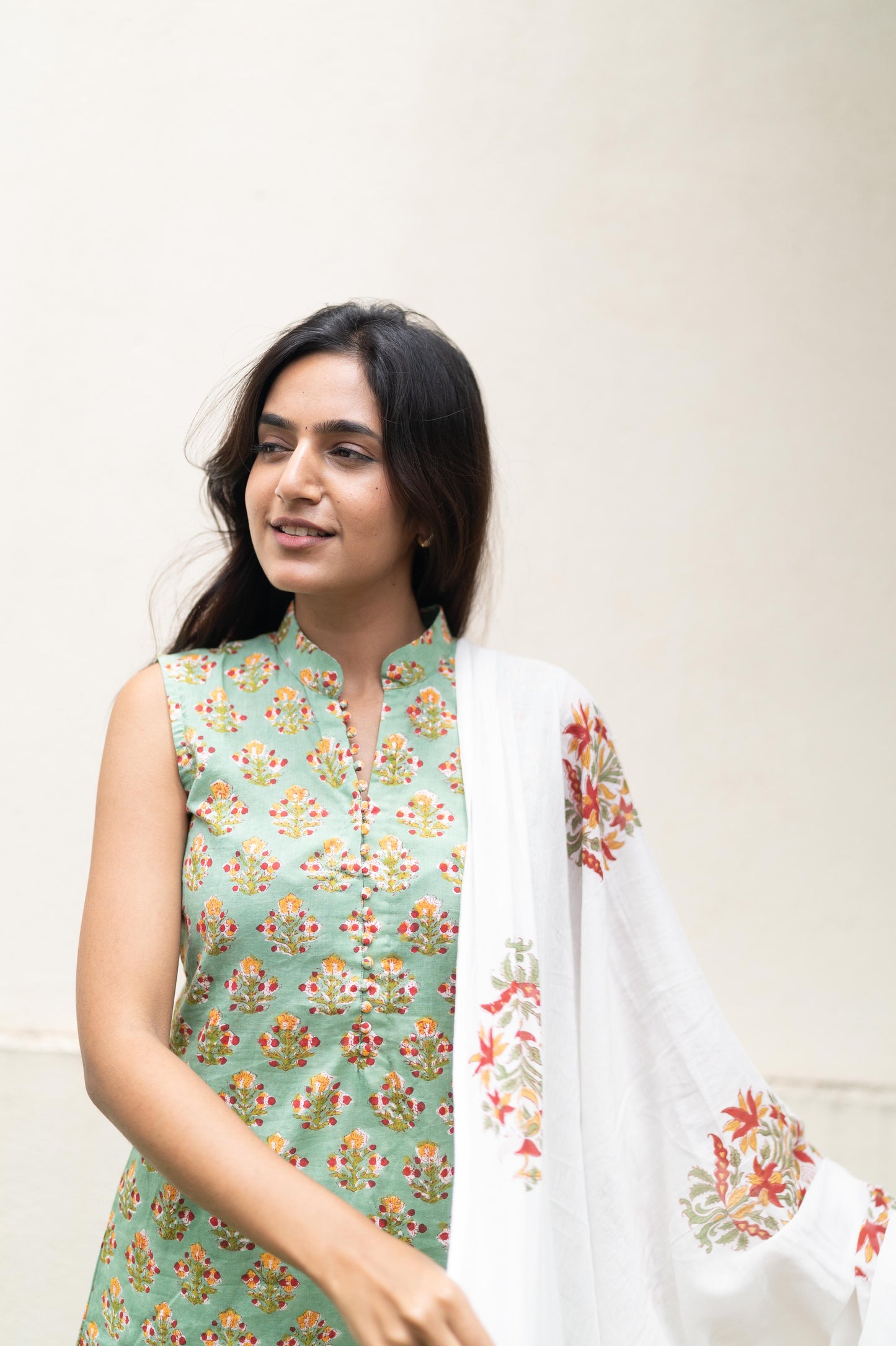 Mint Green Handblock Printed 3Pcs Suit Set - Sleeve Length Can be Changed