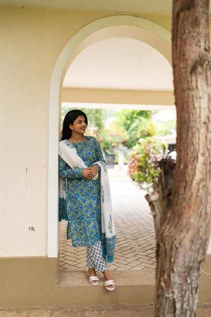 Blue Handblock Printed 3Pcs Suit Set