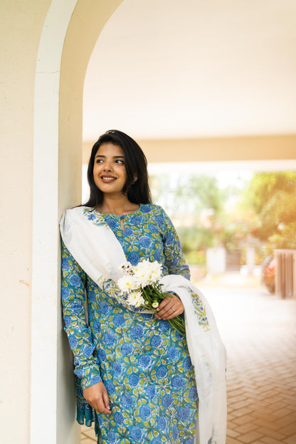 Blue Handblock Printed 3Pcs Suit Set