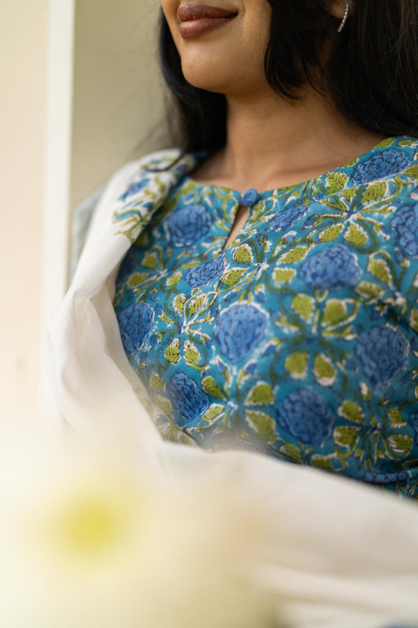 Blue Handblock Printed 3Pcs Suit Set