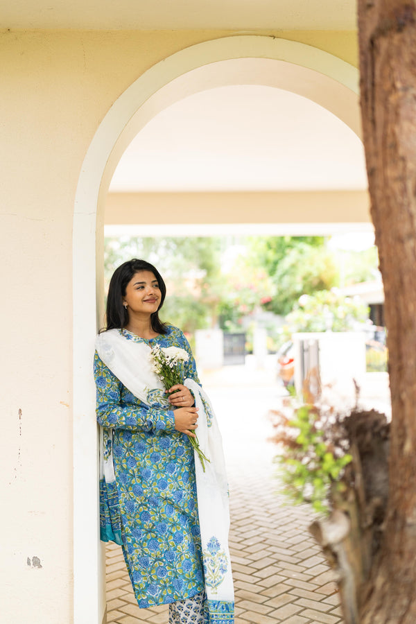 Blue Handblock Printed 3Pcs Suit Set