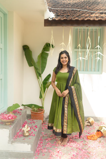 Studio Olive Green Narayanpet Anarkali Top & Dupatta